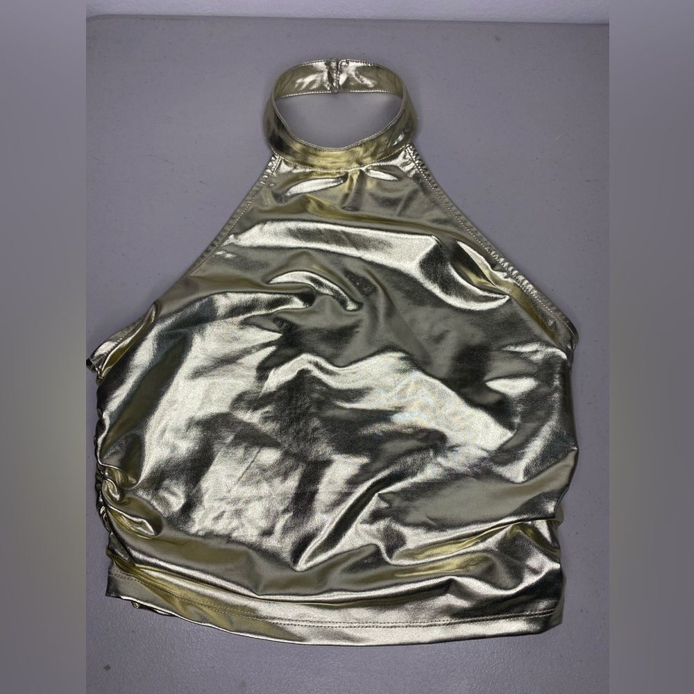 NWT Karter Metallic Gold Halter Neck Top Size Small Shiny Dressy - Picture 4 of 5